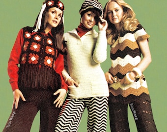 Smartie Pants • BUNDLE • Hippie Granny Square Vest Gauchos Chevron Bell Bottoms Headband • 1970s Vintage CROCHET pattern PDF Download