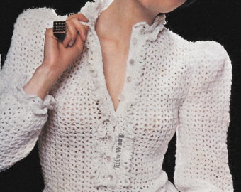 Ruffled V-Lace Blouse • Puff Sleeve Button Up Top • 1970s Vintage CROCHET Pattern PDF Download