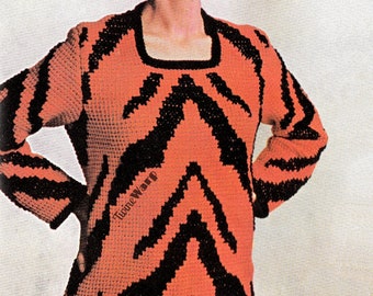 Tiger-Tiger Sweater • Tunisian Animal Print Top • 1960s Vintage CROCHET pattern PDF Download Active