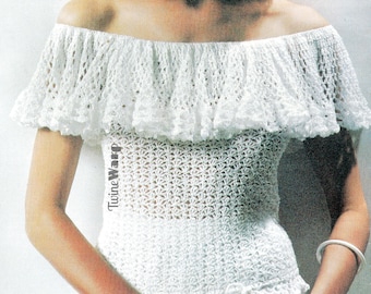 Ruffled Shell Top • Sexy Hippie Lacey Flower Child Summer Shirt  • 1970s Vintage CROCHET Pattern PDF Download