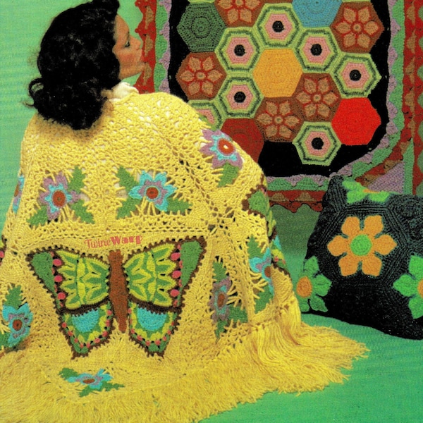 Butterfly Shawl • Lace Floral Fringe • 1970s Vintage CROCHET Pattern PDF Download