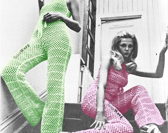 Action Line Jumpsuit • Hippie Bell Bottoms Mesh Romper • 1970s Vintage CROCHET pattern PDF Download