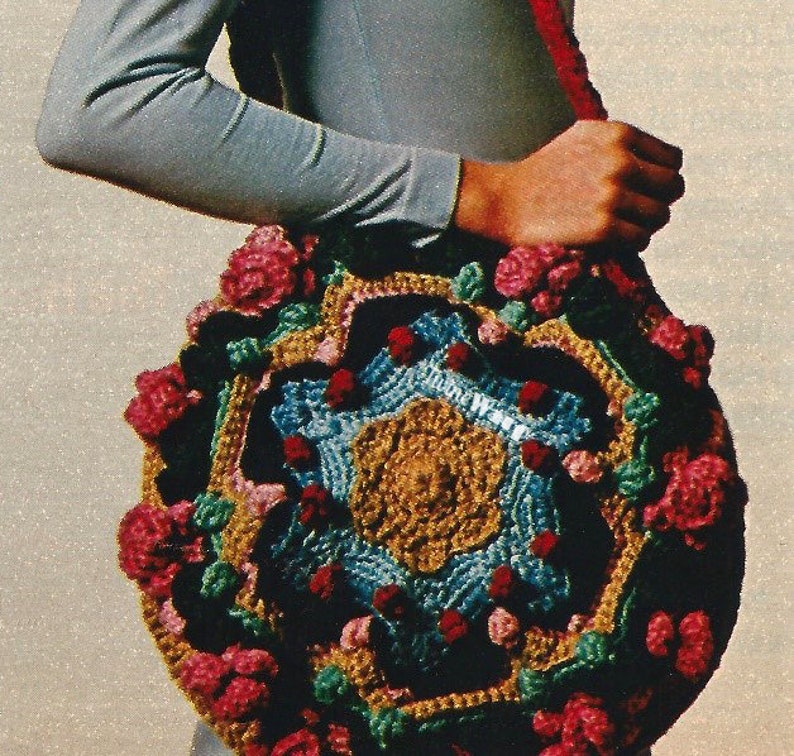 Pinwheel Pillow Bag RARE Hard to Find Boho Hippie Spiral Purse 1970s Vintage CROCHET Pattern PDF Download image 1
