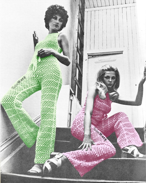 Action Line Jumpsuit • Hippie Bell Bottoms Mesh Romper • 1970s Vintage CROCHET pattern PDF Download