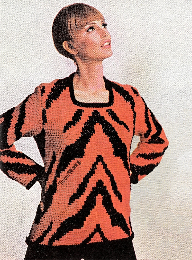 Tiger-Tiger Sweater Tunisian Animal Print Top 1960s Vintage CROCHET pattern PDF Download Active image 1