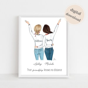 Long Distance Best Friend Print - Personalized Friendship Gift - DIGITAL DOWNLOAD- Hand Drawn Sisters Illustration- Custom Moving Away Gift