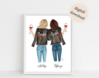 May include: Two women wearing black leather jackets with the word "Bestie" and a red rose on the back, holding glasses of red wine. The women are wearing blue jeans and are standing back to back. The text "Ashley" and "Tiffany" is below the women.
