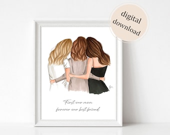 Mom And Two Daughters - Custom Print - DIGITAL DOWNLOAD /Fashion Illustration - Mother's Day Gift - Christmas Gift For Mother - Family Print