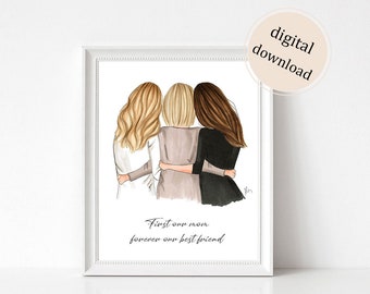 Personalized Mother and Daughters Print -DIGITAL DOWNLOAD- Custom Family Art, Hand-Drawn Mom & Two Daughters Portrait- Mother's Day Gift