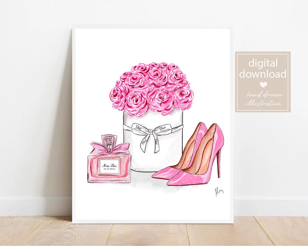 Pink High Heels Roses and Perfume Watercolor Print - DIGITAL DOWNLOAD ...
