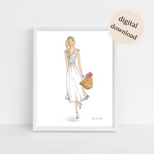 Girl with Flower Basket - DIGITAL DOWNLOAD - Fashion Illustration Print / Fashion Art Print - Home Decor - Wall Decor - Fashion Art Print