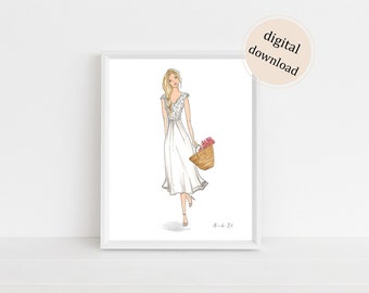 May include: A digital illustration of a woman in a white dress holding a basket of flowers. The woman has long blonde hair and is wearing a white dress with a lace bodice. She is holding a basket of pink flowers in her right hand. The background is white.