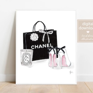 Fashion Shopping Bag and Heels Watercolor Print- DIGITAL DOWNLOAD - Aesthetic Wall Art -Luxury Home Decor-Fashion Illustration-Printable