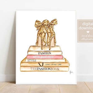 Gold High Heels on Fashion Books Watercolor Print - DIGITAL DOWNLOAD – Glam Wall Art -Bedroom Decor- Luxury Home Decor-Printable Fashion Art