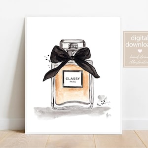 Perfume Bottle Black Bow Watercolor Print - DIGITAL DOWNLOAD - Aesthetic Wall Art -Perfume Fashion Illustration-Luxury Home Decor-Printable