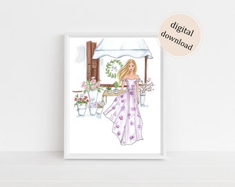 May include: A watercolor illustration of a woman in a purple floral dress standing in front of a flower shop. The shop has a white awning and a sign that says "J's".