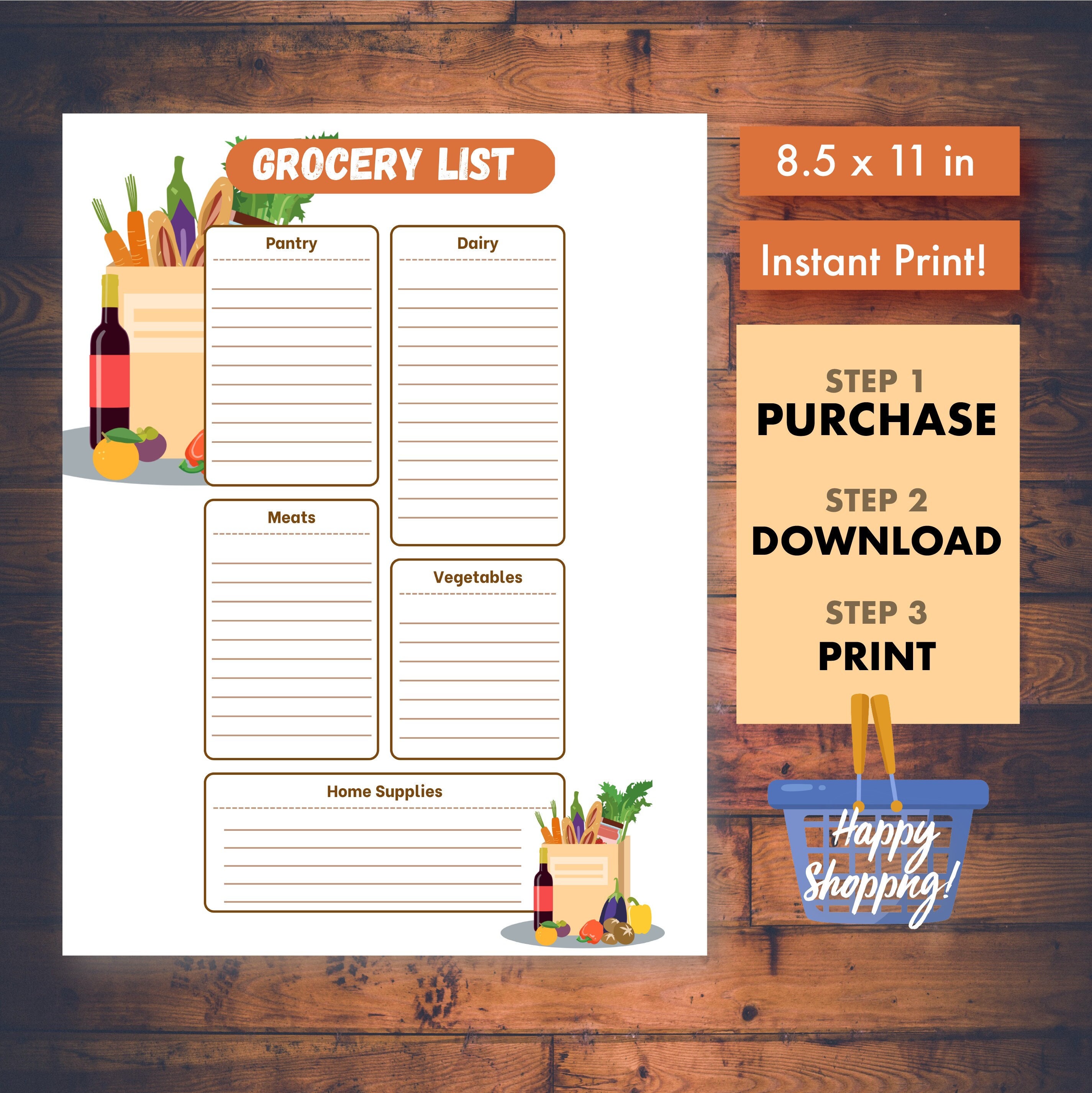 Printable Grocery Shopping List - Food Shopping List - Instant Download ...