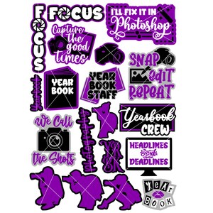 May include: A collection of purple and black SVG cut files with photography and yearbook themes. Includes phrases like "Focus," "Capture the good times," and "Yearbook Crew." The image also contains the text "1 ZIP FILE CONTAINING 18 SVGS" and "EASY TO USE."