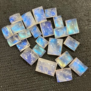 Può includere: Una collezione di 15 cabochon di pietra di luna iridescente in varie dimensioni e forme. Le pietre sono di colore bianco latte con un bagliore blu.