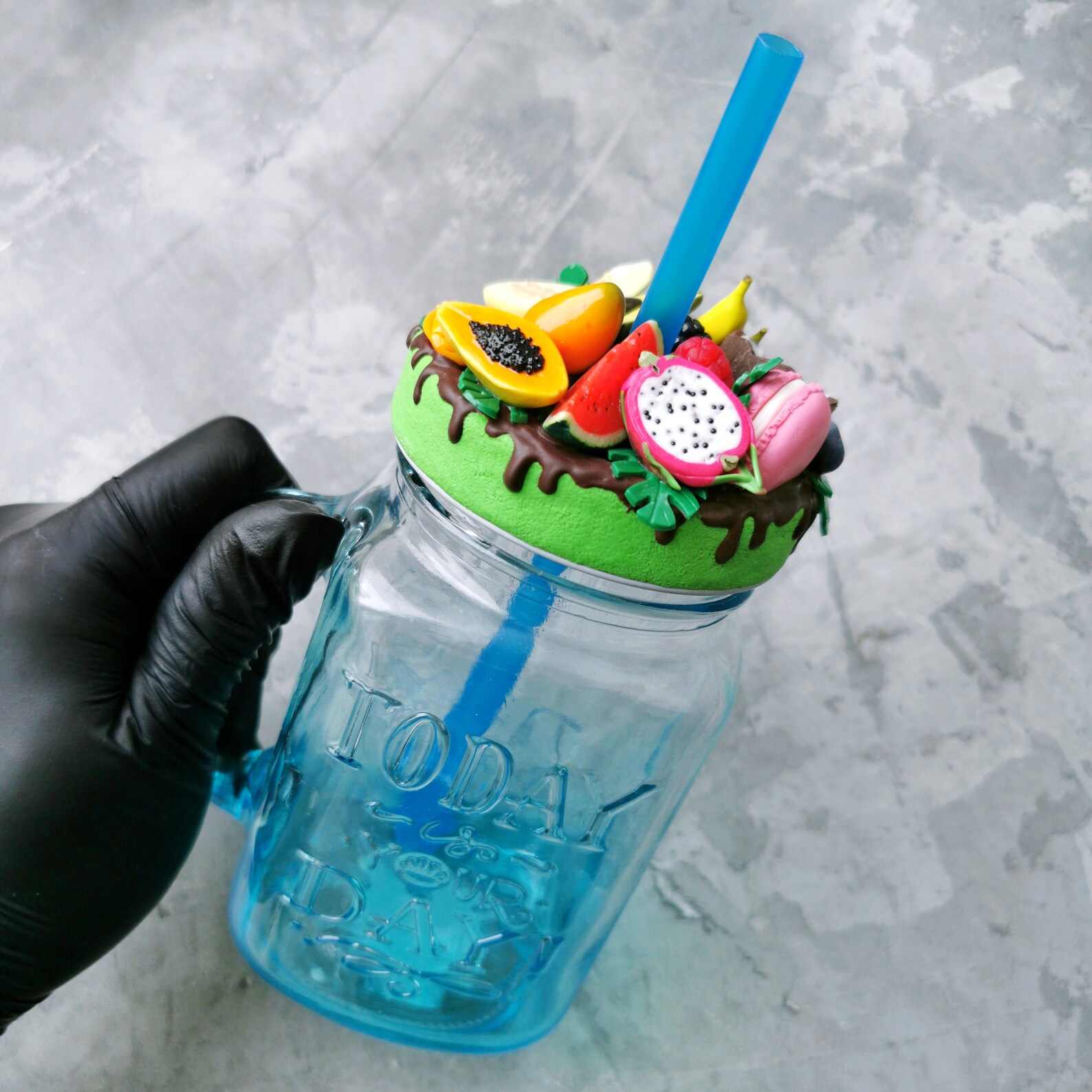 Glass smoothie jar with decorative lid. Sweet jar polymer Etsy