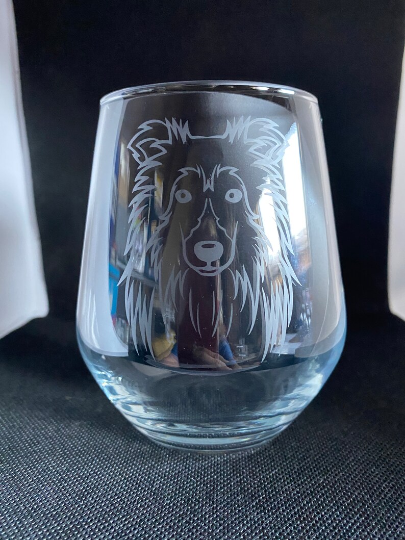 Sheltie StemlessStemmed Wine Glass Personalized