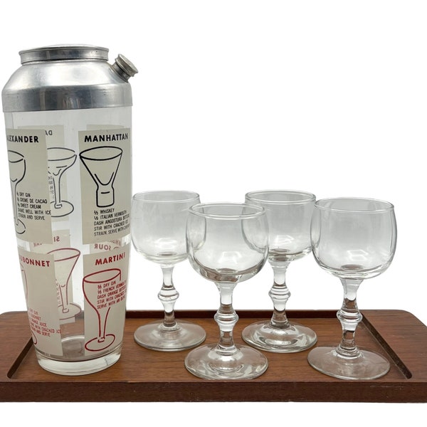 vintage milieu du siècle Continental Can recette moderne shaker à cocktail en verre dépoli ensemble verres à martini MCM barware 1950s 1960s 1970s