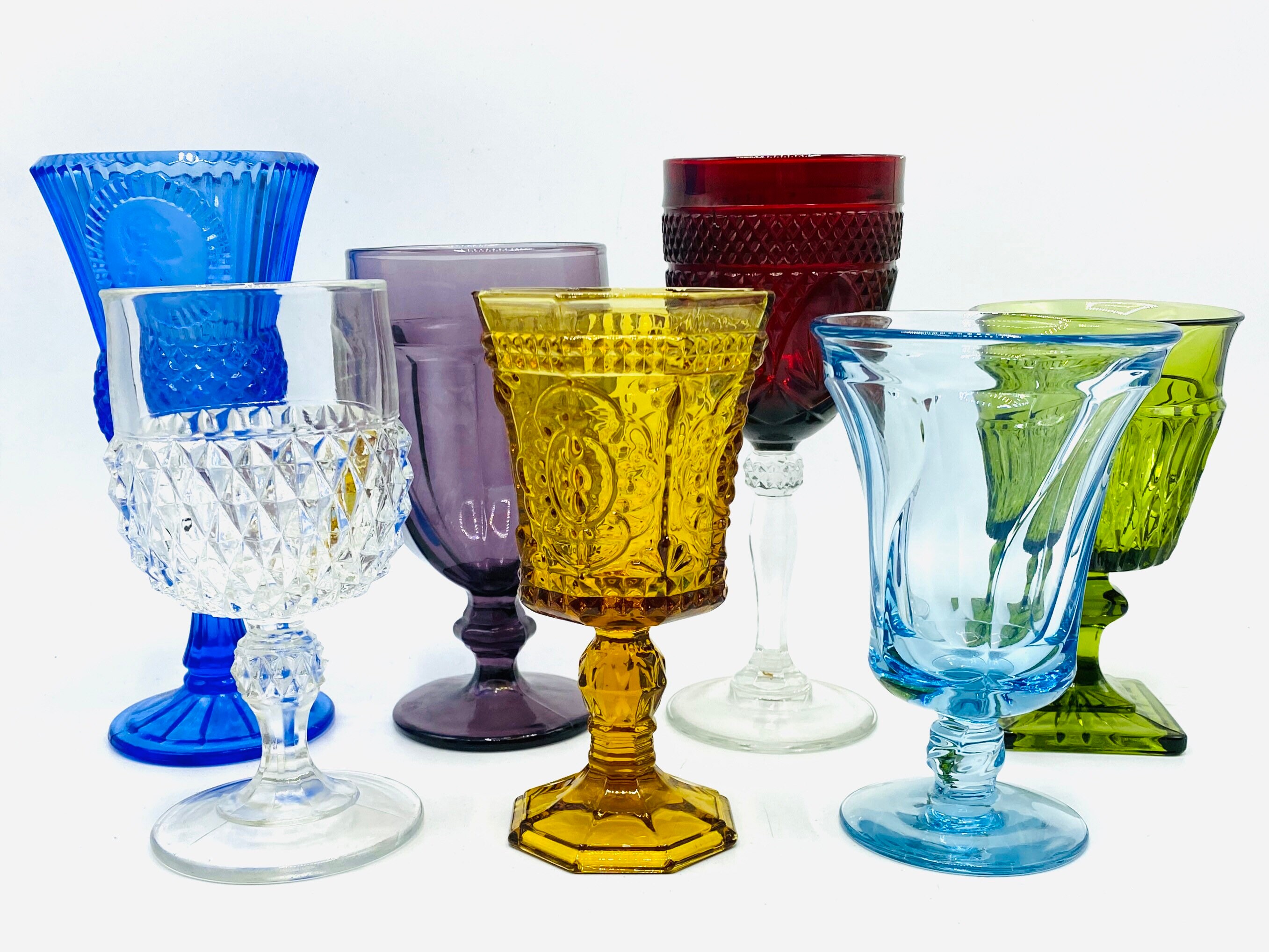 Vintage Bohemian Mismatched Large Goblets Heavy Pressed Glass Drinking