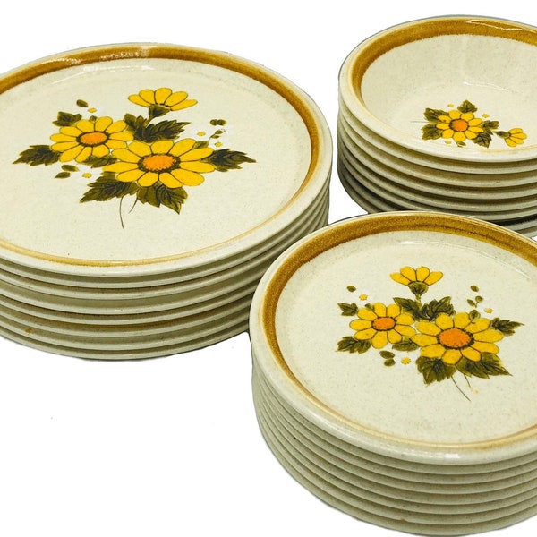 24 piece service for 8 Mikasa Stone Manor Melissa dinnerware yellow orange flower ceramic stoneware dishes 1960s 1970s bohemian floral china