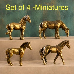 May include: Set of 4 miniature gold-colored horse figurines. Each horse is in a different pose, with detailed manes and tails. The text "Set of 4 -Miniatures" is in yellow at the top.