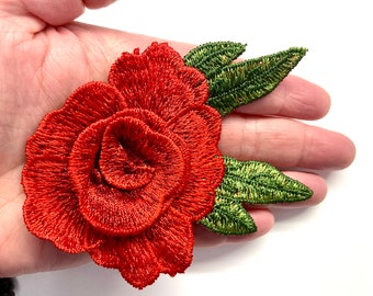 FREE SHIPPING Beautiful Red Rose Floral Applique Patch