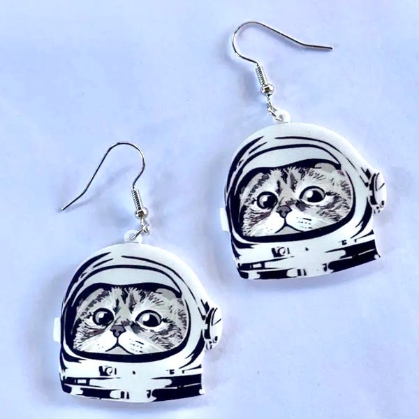 FREE SHIPPING Cat Astronaut Unique Earrings, Funny Cat Earrings, Acrylic Dangle Earrings, Cute Cat Lover Astronaut Lover Gift, Weird