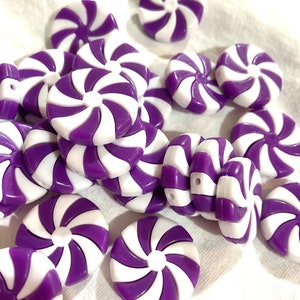 FREE SHIPPING Purple and White Peppermint Candy Beads, Acrylic, Set of 10, Christmas Beads, Candy Christmas