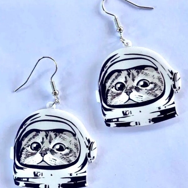 FREE SHIP Cat Astronaut Unique Earrings, Funny Cat Earrings, Silly Earrings, Cute Cat Lover Astronaut Lover Gift, Weird, Quirky