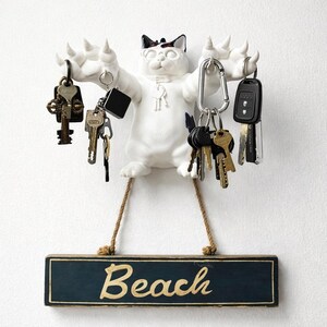 Llavero con forma de gato blanco, decoración de pared de estilo costero, organizador de arte funcional.
