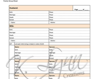 May include: A printable family group sheet with sections for husband, wife, and children. Each section includes fields for birth, marriage, death, and burial information, as well as places and parents' names.