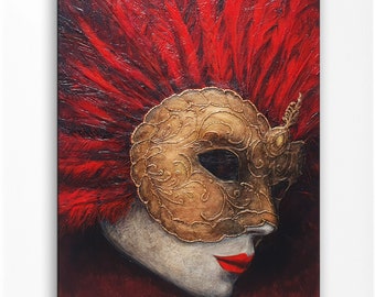 Wall Art, Original Painting on Canvas Venice Mask Gold Red Acrylic Painting Textured Art, Wall Decor, Venice Painting Textured Art