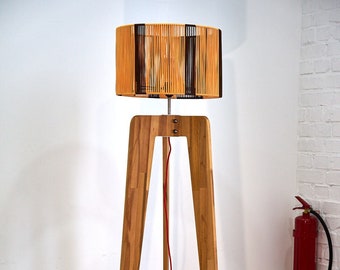 Tripod Floor Lamp – Scandinavian Beech Wood Light with Orange Textile Shade, Model “DNYPRO”