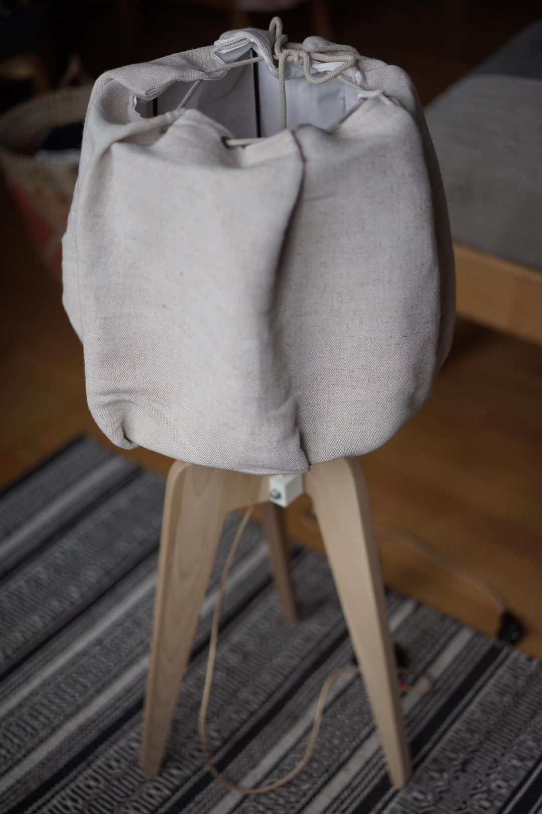 Tripod Floor Lamp – Scandinavian Beech Wood Light With Linen Drawstring ...