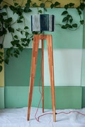 Tripod Floor Lamp – Scandinavian Beech Wood Light with Green Textile Shade, Model “LVYV”