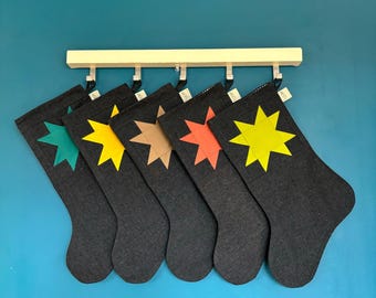 パッチワークスターストッキング／手作りクリスマスストッキング／キルティングストッキング／手作りクリスマスデコレーション／デニムストッキング／ルームスタジオ