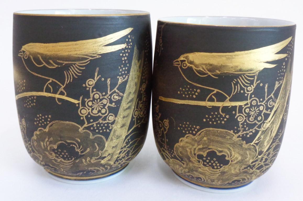 Meoto Yunomi Tea cups ,Vintage Japanese Kutani -yaki Handmade-Hand painted Kutani Black & Gold Artistic pottery, Fine Porcelain Chawan #JI5