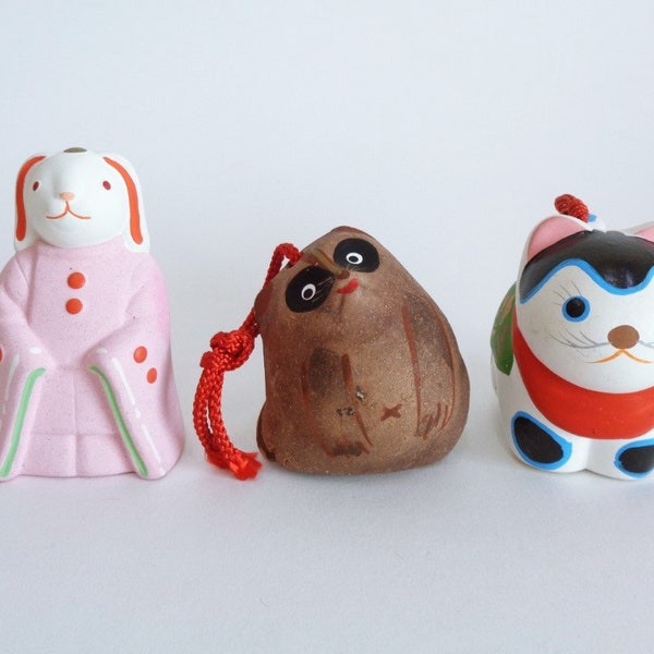 A6463# Campanas Dorei Perro Tanuki-Rabbit-Inu Hariko, Campana Dorei hecha a mano de arcilla y cerámica japonesa vintage, ¡Las campanas TIENEN ALGUNOS DEFECTOS!