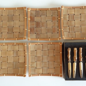 Bamboo plates & forks,Japanese Lacquer woven bamboo serving set,Hand made #A235