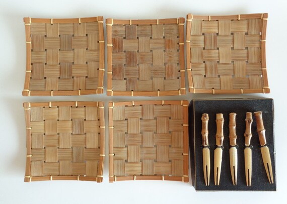 Bamboo Kashiki plates & forks (10pcs.), Japanese Lacquered woven bamboo Tea ceremony set, Handmade #A235