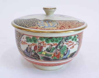 Fine Tea cup with lid &quot;An assembly of wise&quot; Vintage Japanese Kutani Hanazume Artistic pottery cup for Sencha tea, lidded chawan, marked #JI5