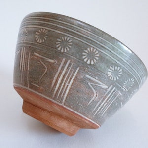 Old Chawan Japanese Mishima Art pottery Matcha tea bowl,Korean style Ido chawan  ,Mark on bottom #A4182