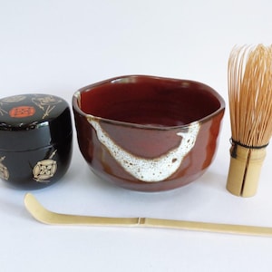 Japanese High-quality Matcha tea set- Minoyaki stoneware  Chawan, Tea caddy Natsume, Bamboo scoop Chashaku , Chasen whisk, Vtg. unused #JI3