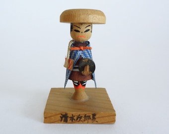 A6454# Samurai small wooden Japanese Kokeshi doll, Vintage handmade collectible figurine