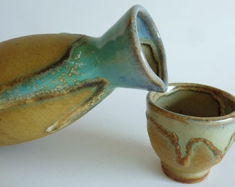 Tenmoku Sake bottle & Sake cup set,Japanese Agano ware Studio pottery Art work Hand made sake server with cup #A152