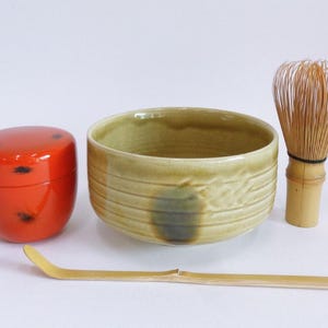 Japanese High-quality Matcha tea set- Seto ware Hand made Chawan, Tea caddy Natsume, Bamboo scoop Chashaku , Chasen whisk, Vtg. unused #JI3
